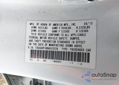 2011 Acura Tl 3.7 z USA, uszkodzony, nr VIN 19UUA9F56BA000038
